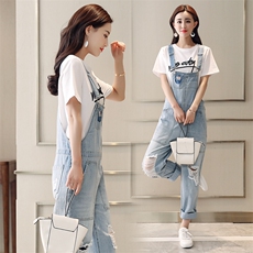 25春夏牛仔背带裤女浅色阔腿宽松哈伦显瘦减龄小个子连体裤九分裤，女装套装/套裙，布衣桑