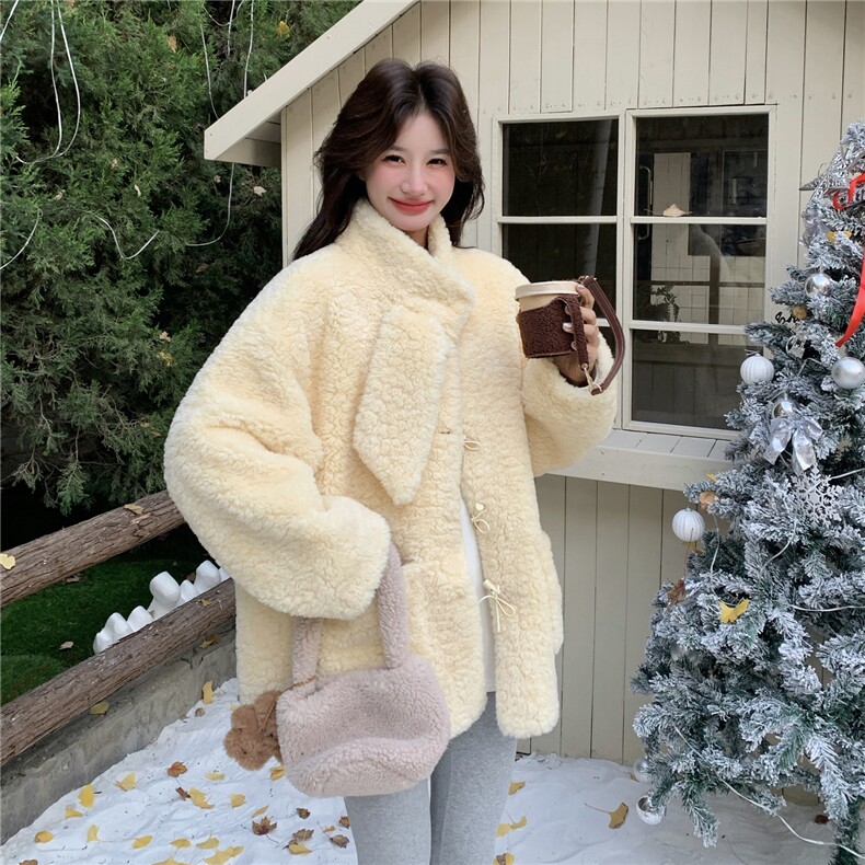 奶fufu黄色羊羔毛外套女2025年冬季新款超好看小个子加绒加厚棉服,女装皮草,2C056