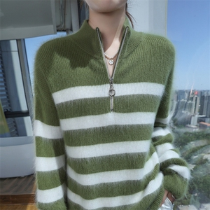 2025秋冬百搭时尚简约半高领条纹长袖针织衫，女装针织衫/毛衣，冬贝尔貂绒