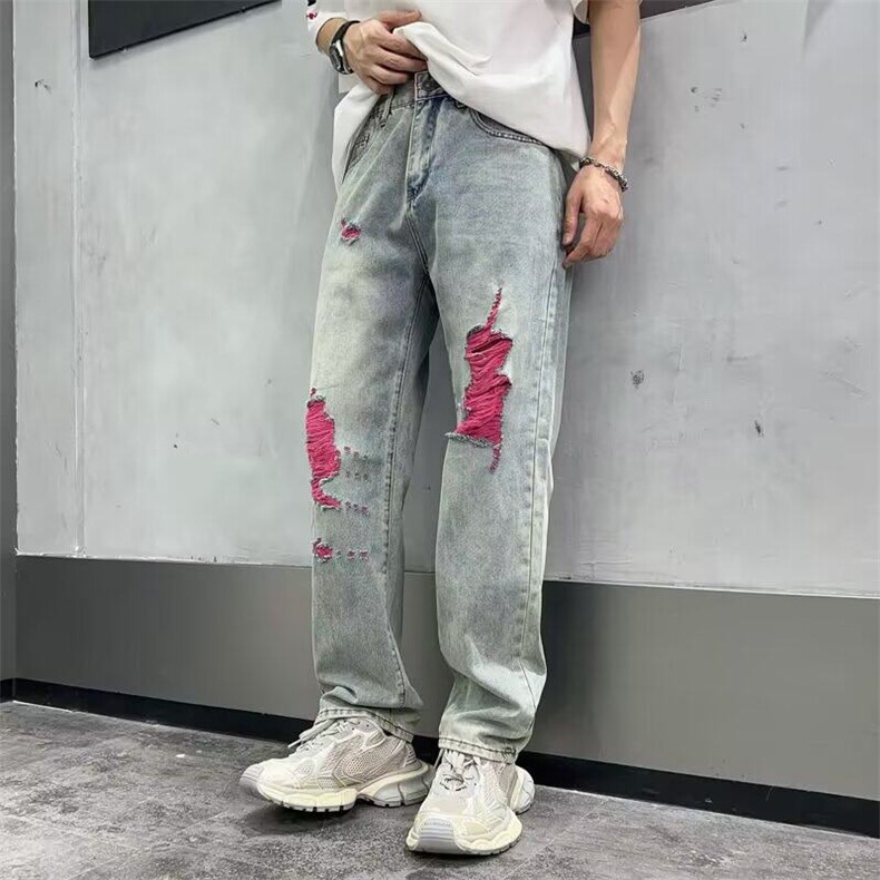 高端美式巴黎风闪电牛仔裤闪电破洞潮流牛仔裤夏季男宽松休闲百搭,男装牛仔裤,星座218-1（原230）