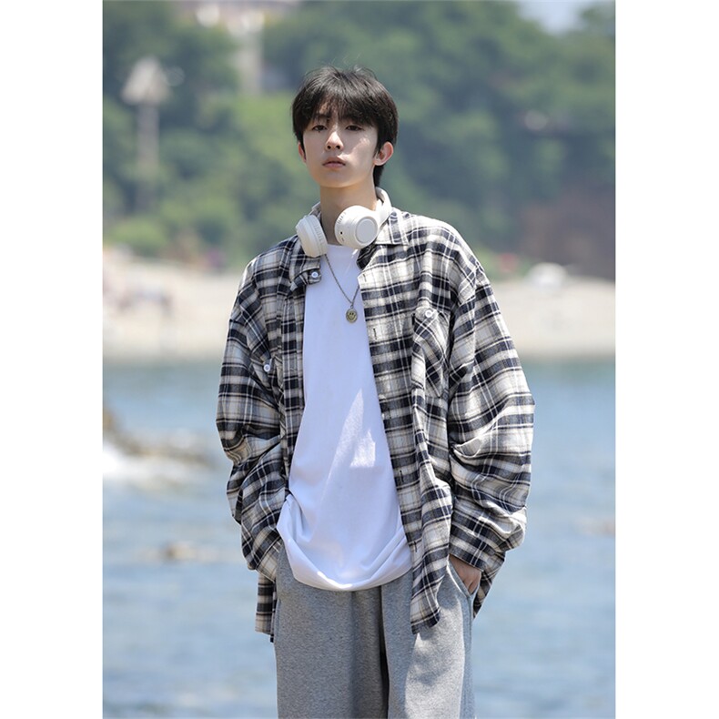 好品质格子衬衫男长袖宽松大码潮流港风外套CS7216P35控58,男装衬衫,电商B413-1