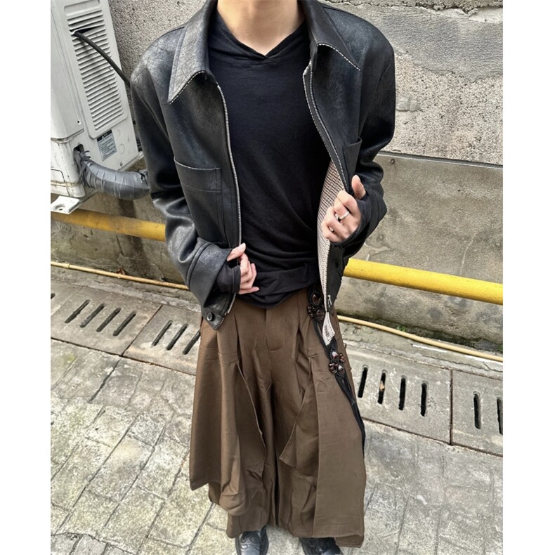 网图现货霜降裂纹PU皮千鸟格内里Cleanfit夹克外套W1397/特P85,男装夹克,电商B350