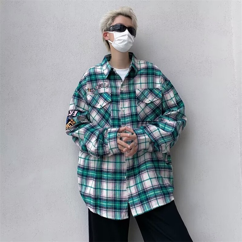 春秋薄款格子衬衫男女长袖设计感小众翻领情侣衬衣宽松外套-C1101,男装衬衫,星座601-2