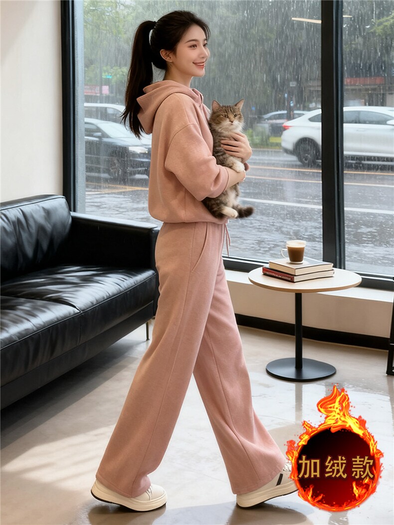 时尚运动风加绒套装女秋冬高级感加厚连帽卫衣高腰阔腿长裤两件套,女装套装/套裙,江南