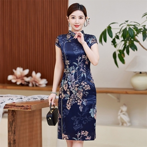 杭州品质真丝长裙复古印花连衣裙女春夏日常修身潮流桑蚕丝旗袍图片