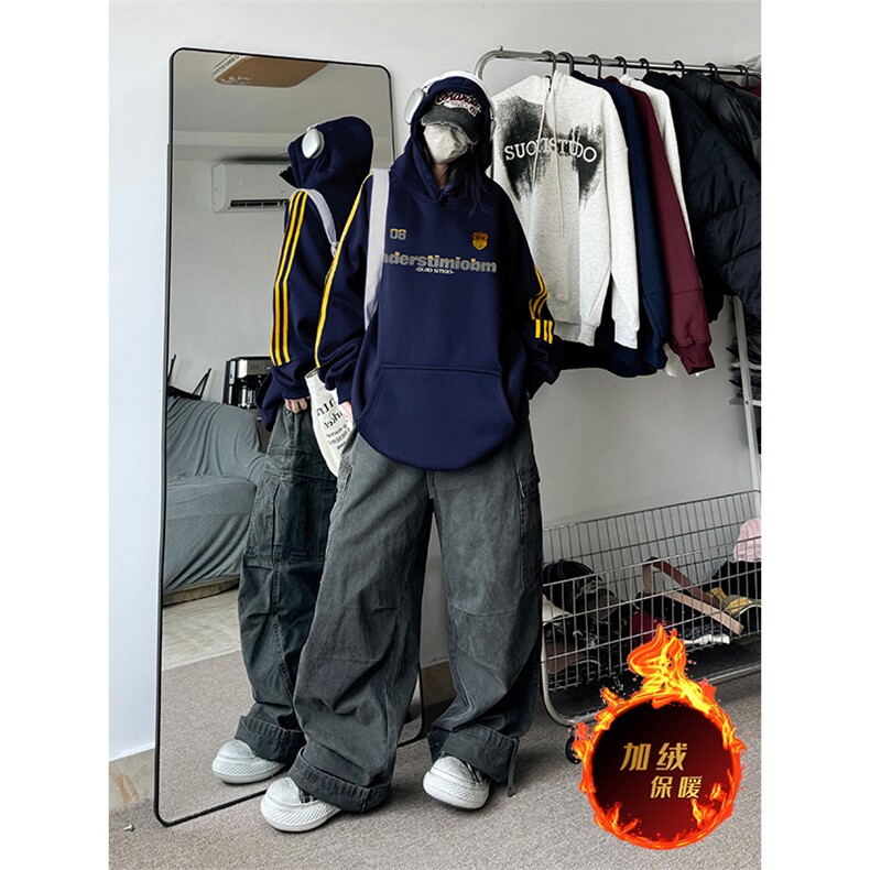 抖音得物供货提供视频秋冬重磅美式宽松织带连帽卫衣2303,男装卫衣,电商A486