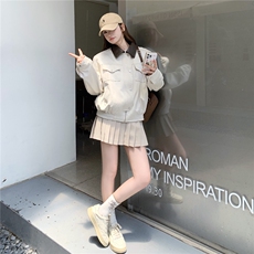 撞色拼接翻领米白色皮衣短外套女春秋2025新款甜美百搭PU皮夹克，女装短外套，浙宝208