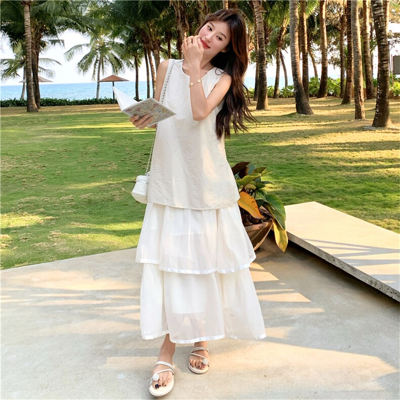白色超仙浪漫蛋糕裙新款收腰显瘦森系绝美长裙气质女神范连衣裙夏,女装连衣裙,2C118