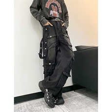 大码多口袋复古阔腿牛仔裤男女秋季新款宽松街头嘻哈裤潮B15/P74，男装牛仔裤，星座506