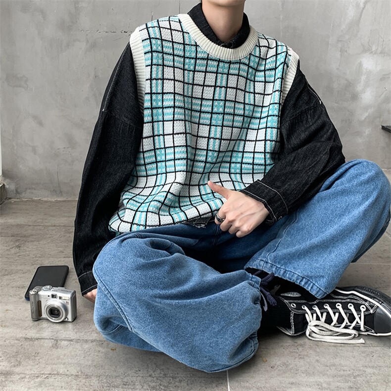 韩版格子背心情侣无袖针织衫加厚潮流毛衣男女上衣外套QT801-P55图片