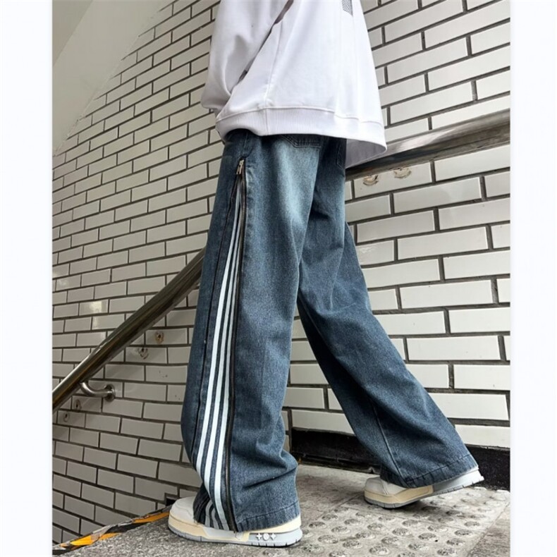 美式高街牛仔裤男韩版潮侧边拉链条纹2024秋冬ins长裤RK1124-P51,男装牛仔裤,星座412-2