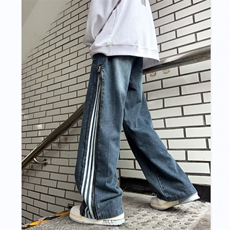 美式高街牛仔裤男韩版潮侧边拉链条纹2024秋冬ins长裤RK1124-P51，男装牛仔裤，星座412-2
