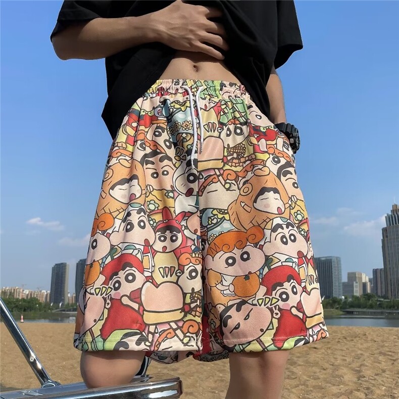 冰丝沙滩短裤男夏季日系满印卡通印花宽松慵懒海边度假运动五分裤，男装休闲裤，星座716-3