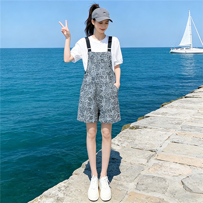 甜美休闲时尚运动套装女夏季新款圆领泡泡短袖提花背带短裤两件套,女装套装/套裙,江南