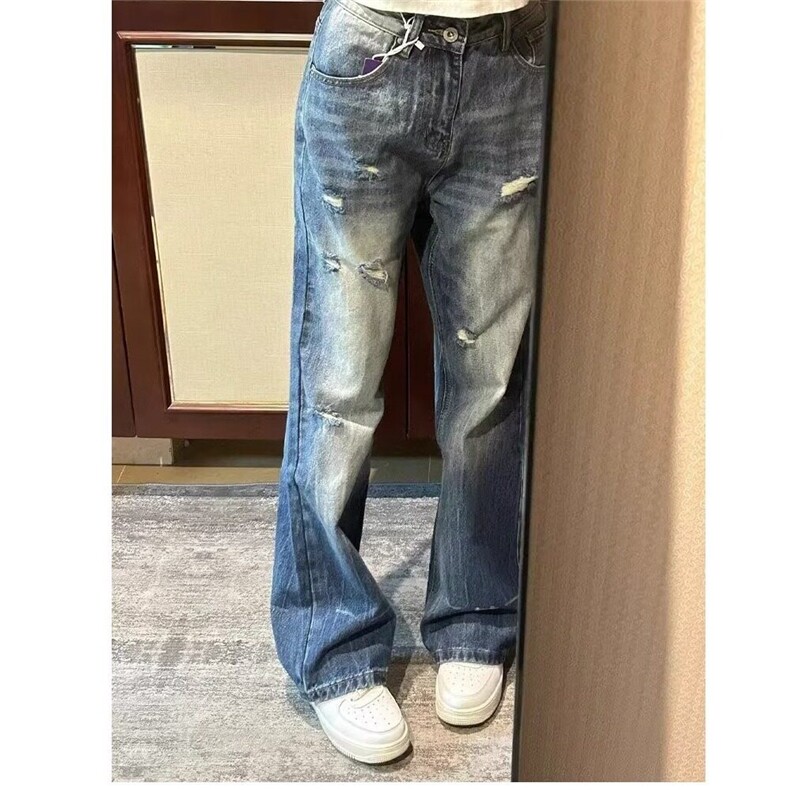 美式微喇高街蓝色牛仔裤夏季新款闪电爆裂纹直筒马蹄裤NG77,男装牛仔裤,星座1116A（原606A-3）