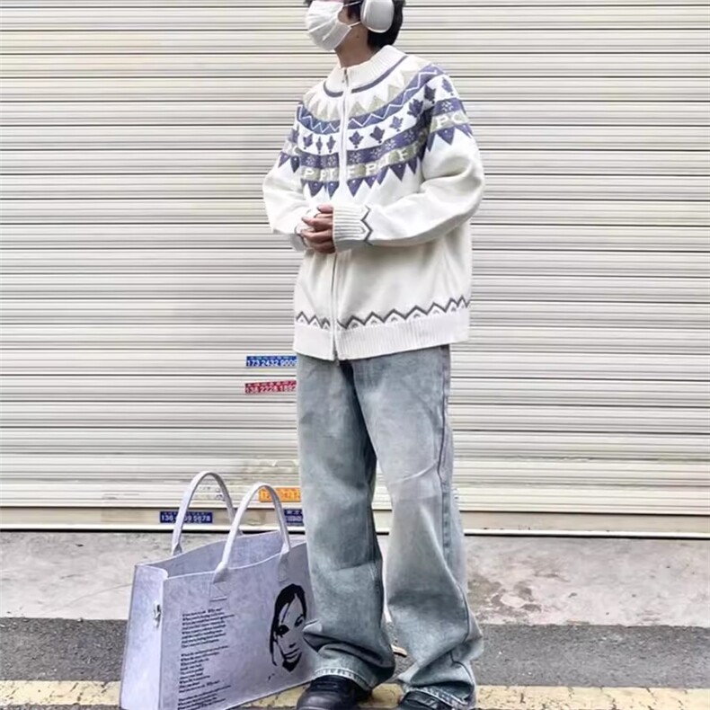 费尔岛圣诞拉链开衫毛衣慵懒风提花百搭新年针织毛衣外套,男装针织衫/毛衣,四季星座505