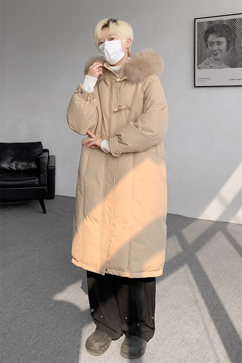 8XL-M90白鸭绒大毛领羽绒服男中长款过膝设计感牛角扣YRFC05P398,男装羽绒服,电商D206-1