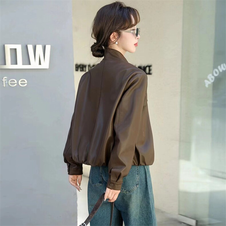 2024春秋款仿绵羊皮中古机车皮夹克立领仿真皮皮衣宽松短款外套女,女装皮衣,江南女神