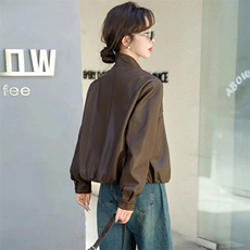 2024春秋款仿绵羊皮中古机车皮夹克立领仿真皮皮衣宽松短款外套女，女装皮衣，江南女神