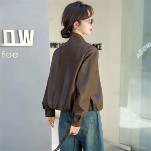 2024春秋款仿绵羊皮中古机车皮夹克立领仿真皮皮衣宽松短款外套女图片