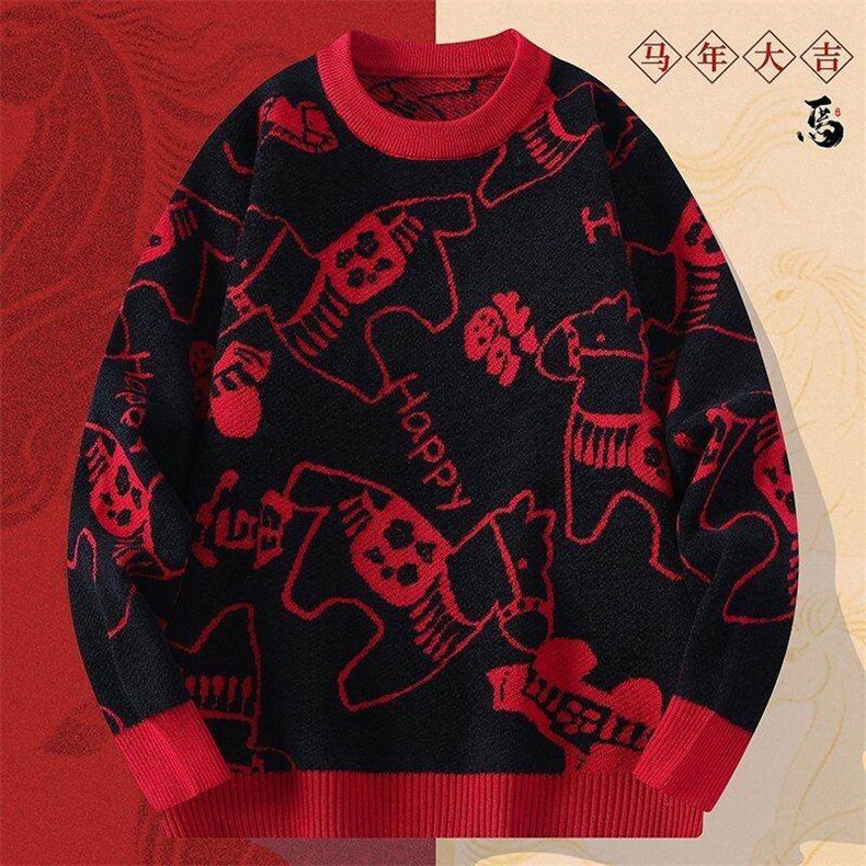 M6353-TP58新年战袍情侣装秋冬季搭毛衣红色本命马年衣服拜年服,男装针织衫/毛衣,电商D310B