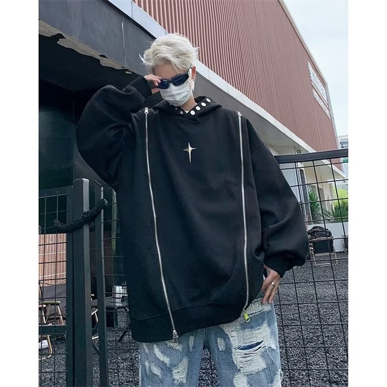 潮牌街头双拉链套头连帽卫衣男女秋季小众宽松情侣外套WY420-p53,男装卫衣,星座1008