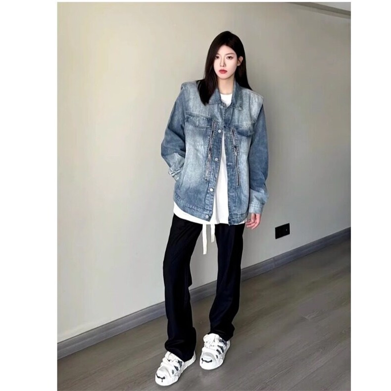 美式复古蓝色牛仔外套男女潮高级感单排扣纯色常规口袋牛仔布宽松,男装工装外套,星座506A