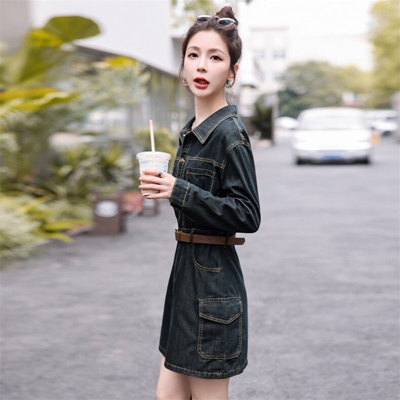 （新款现货）2025春装新款时尚复古色长袖牛仔连衣裙（配腰带）,女装连衣裙,印象茜