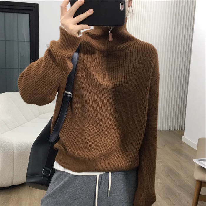 欧货半开拉链高翻领纯羊绒衫女加厚套头针织毛衣秋冬羊毛宽松上衣,女装羊毛衫,隆格羊绒