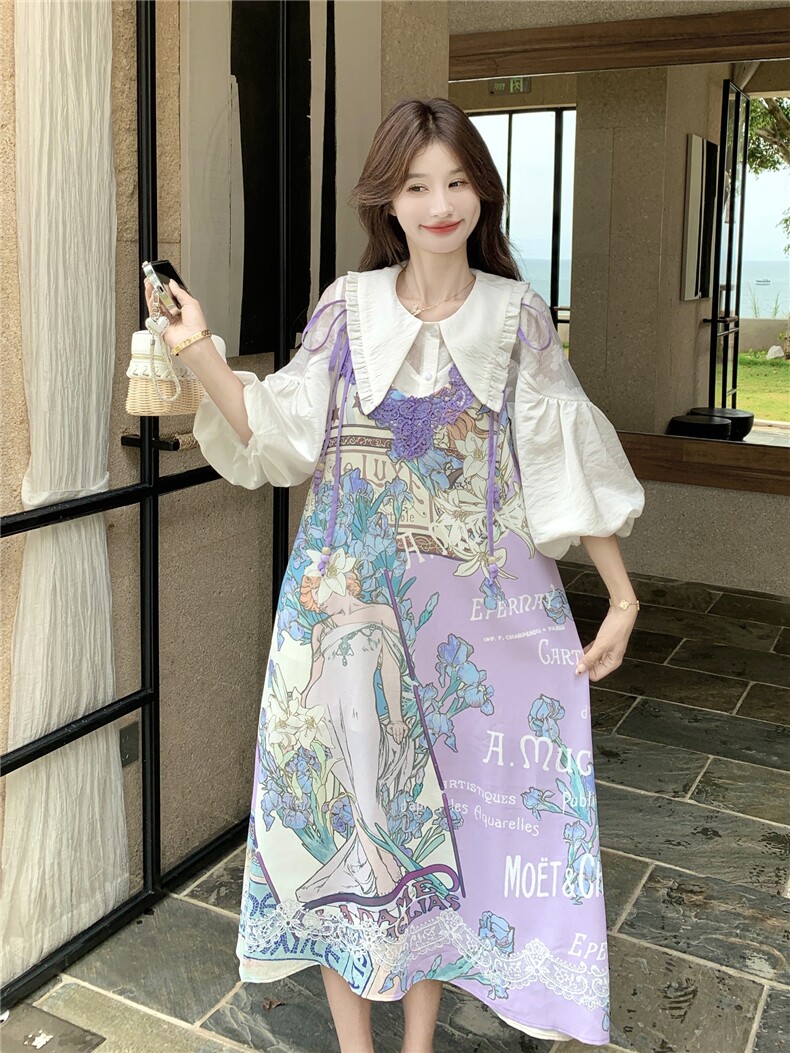 印花套装女夏季2026新款法式娃娃领衬衫蕾丝刺绣领口吊带裙两,女装连衣裙,艾米莉亚