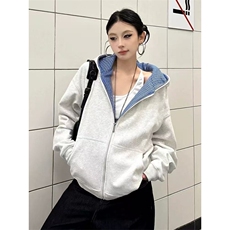 W10582-P60网图现货美式高街格子拼接连帽开衫卫衣外套高品质，女装短外套，星座1608