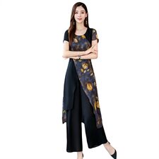 雪纺阔腿裤套装女2025夏季新款时尚洋气减龄显瘦碎花女人味套装，女装套装/套裙，琦鑫阁（原依鑫阁）