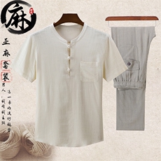 主推长年大货夏男士中年风亚麻套装短袖T恤棉麻套头上衣，男装T恤，钱塘723