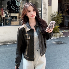 棕色皮衣外套女2025新春新款小个子港风复古皮夹克美拉德机车外套，女装皮衣，韩蜜菓