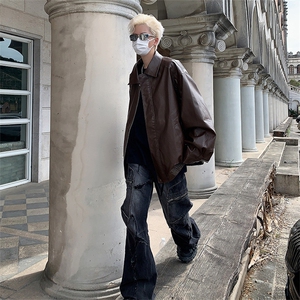 美式复古pu皮衣外套男秋冬棕色男生机车短款潮牌痞帅皮夹克衫男款图片