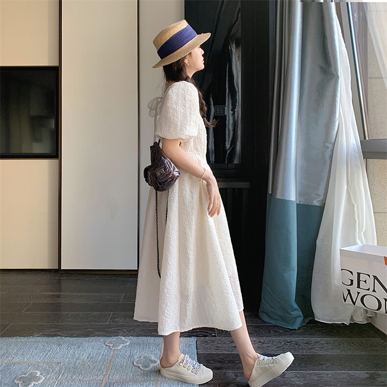 茶歇法式泡泡袖白色方领连衣裙女夏2025新款初恋仙女高端提花长裙,女装连衣裙,2C201