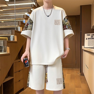 夏季拼接T恤两件套潮流短裤刺绣休闲运动套装男A266-TZ8807-P47