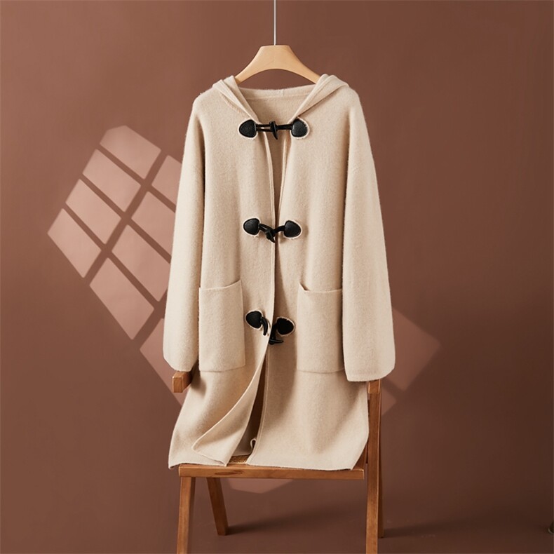秋冬新款连帽牛角扣双面羊绒大衣女中长款宽松，女装羊绒大衣，朵沐纯羊绒