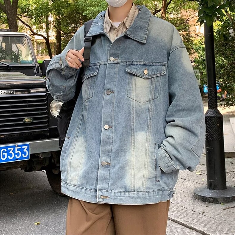 渐变牛仔外套男秋季美式水洗上衣宽松高街潮牌痞帅夹克衫2223/P70,男装工装外套,星座506