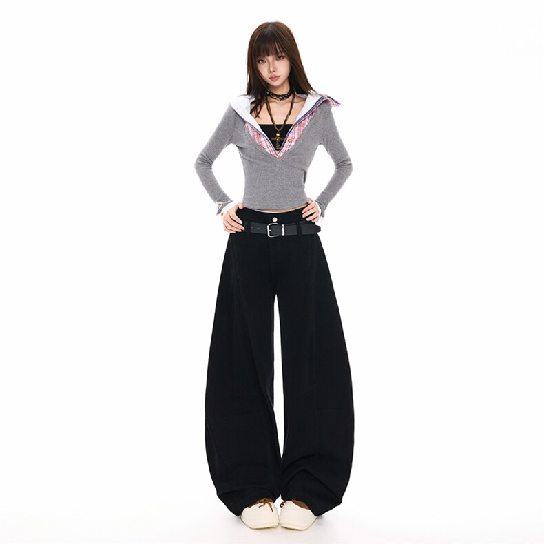 美式复古弯刀牛仔裤男女春季2026新款宽松阔腿工装长裤YD9083-P80图片