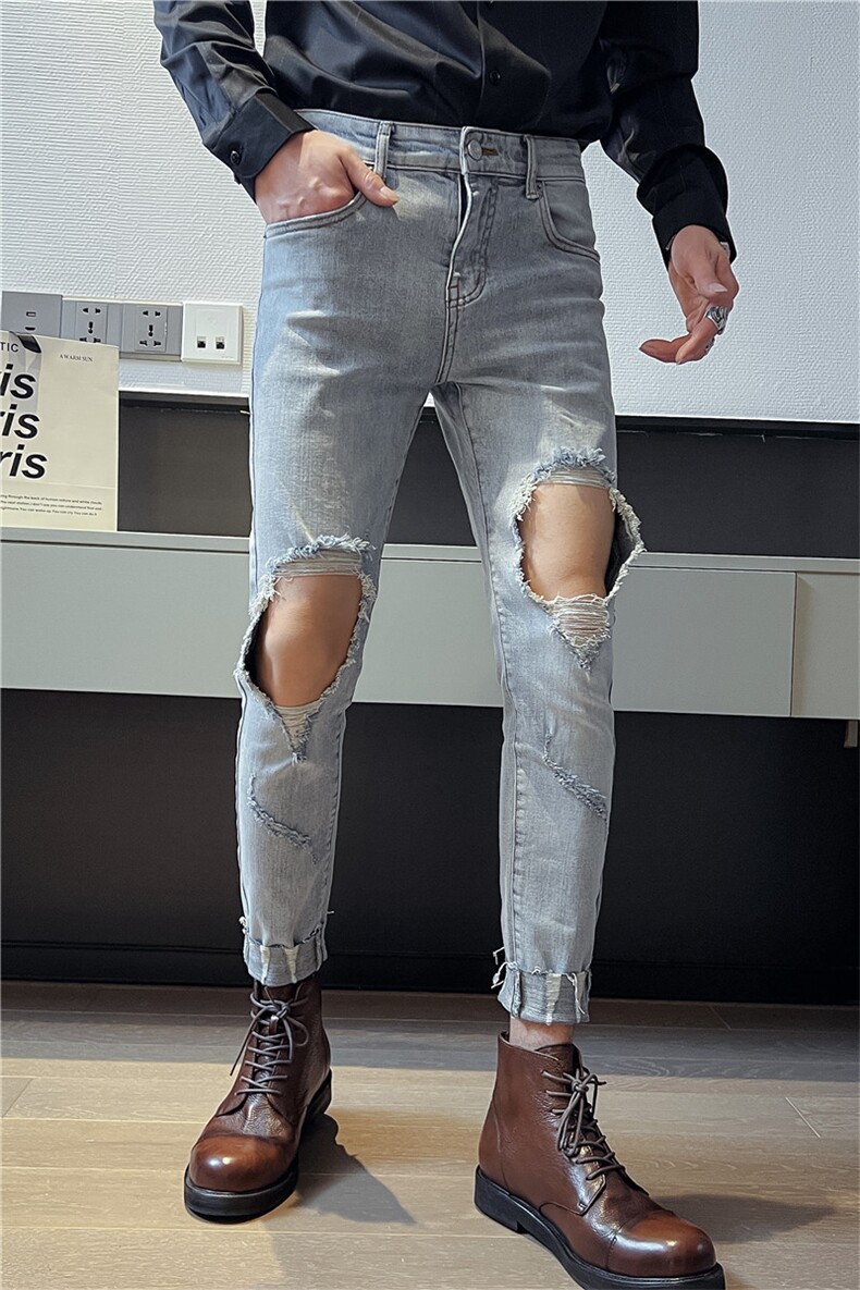 B230浅蓝个性大破洞做旧切边修身小脚牛仔裤男长期有货7713P85,男装牛仔裤,电商B230