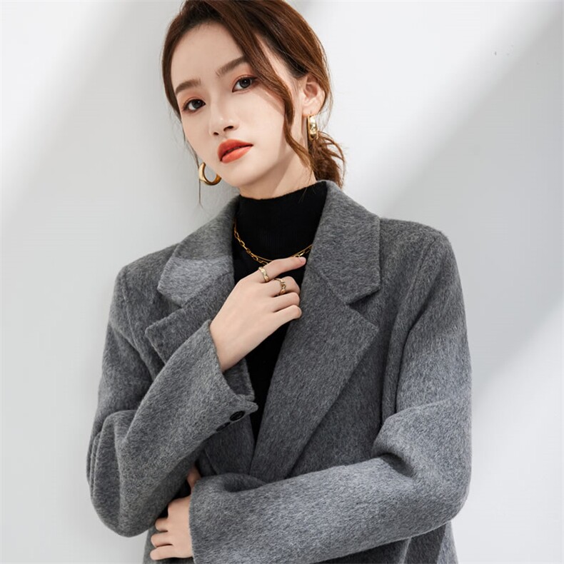 重磅长毛系列长款翻领大衣长袖时尚百搭,女装双面呢大衣,柔娇羊绒大衣