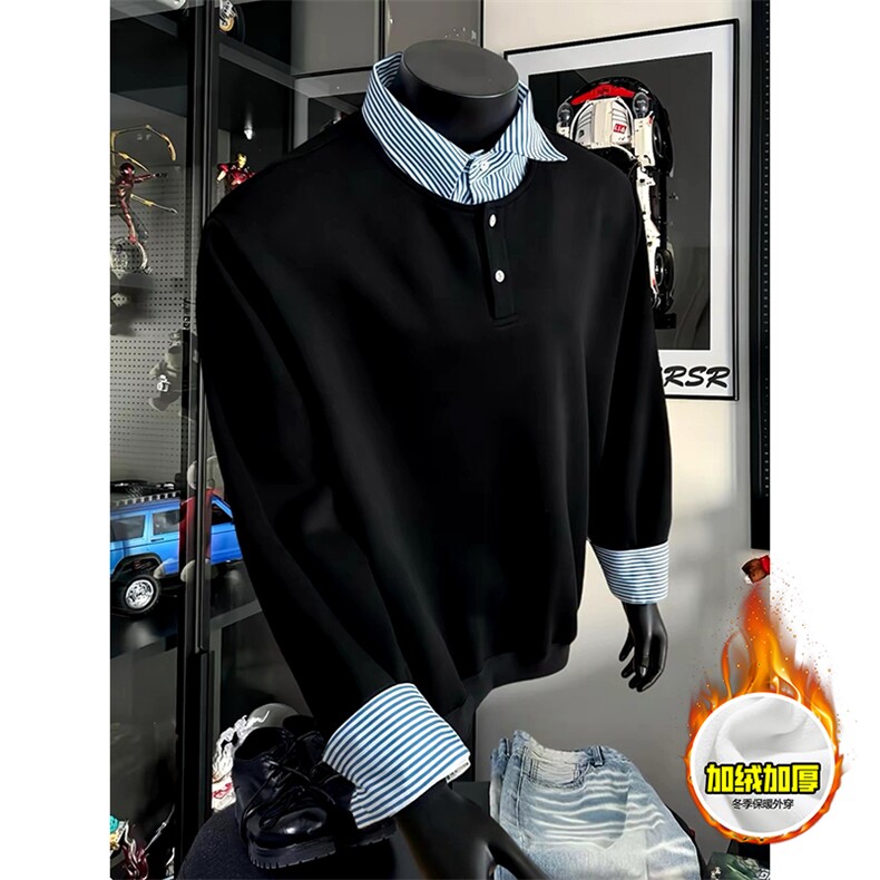 重磅加绒硬挺boxy男女美式高街假两件衬衫领长袖卫衣POLO领打底衫，男装T恤，电商A486-1