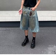 复古做脏阔腿七分裤夏季男女小众设计感重工牛仔短裤BA3064-P48，男装牛仔裤，星座208-5