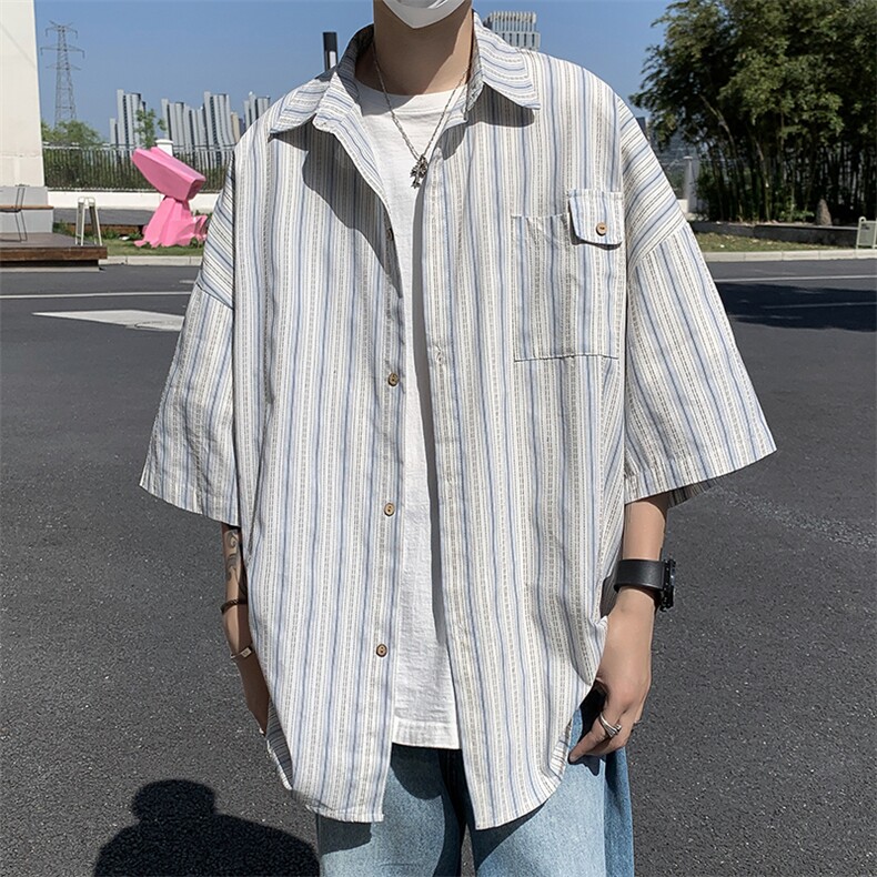 日系条纹衬衫短袖男夏季高级设计感外套潮牌痞帅港风衬衣CS07-P35,男装衬衫,星座308B-1