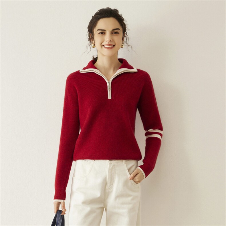2024秋季新款拉链拼色35%羊绒衫休闲百搭，女装羊绒衫，戎美山