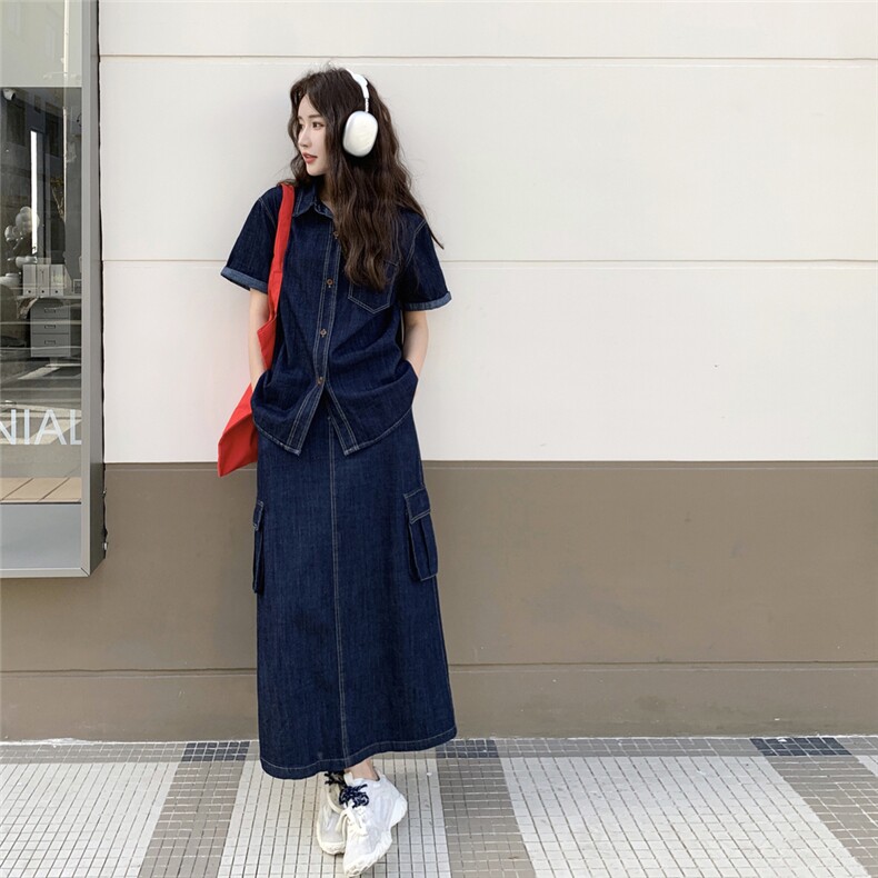 韩系慵懒chic套装裙女初夏穿搭2025新款薄款牛仔衬衫半身裙两件套,女装套装/套裙,2C176