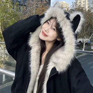 现货重磅硬挺boxy羽绒棉衣座山雕猫耳大毛毛领麂皮棉服冬外套图片
