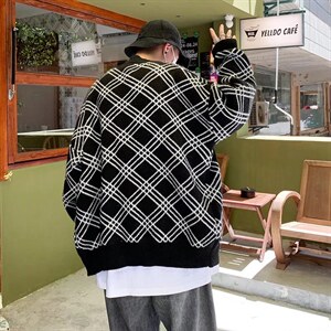 美式复古格纹开衫毛衣男秋季潮牌日系慵懒风宽松情侣款针织衫上衣图片