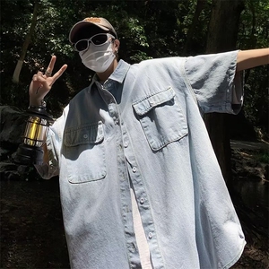 牛仔短袖衬衫男生夏季新款潮牌做旧翻领衬衣美式复古宽松休闲外套图片